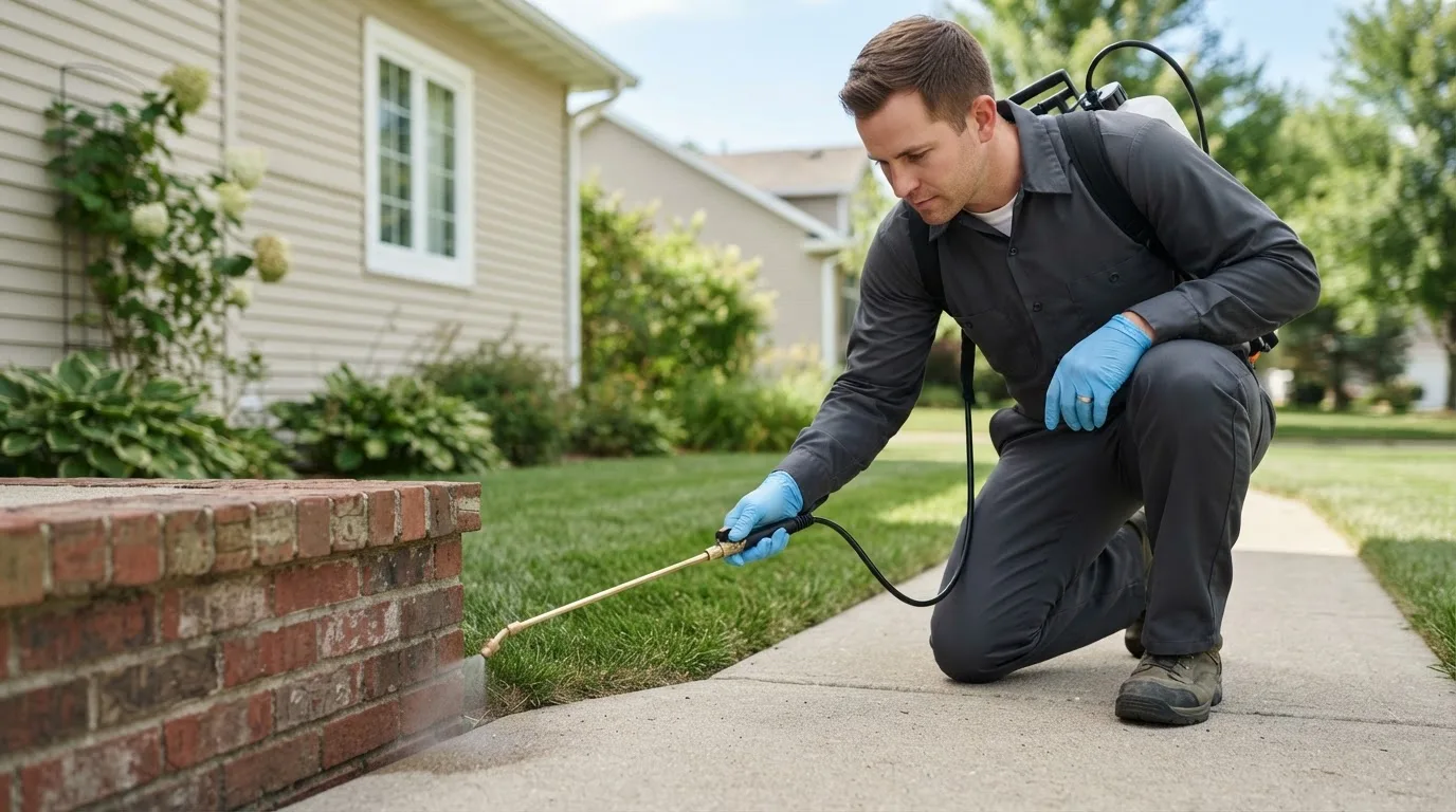 Pest control technician treating a home near Mont Belvieu, TX