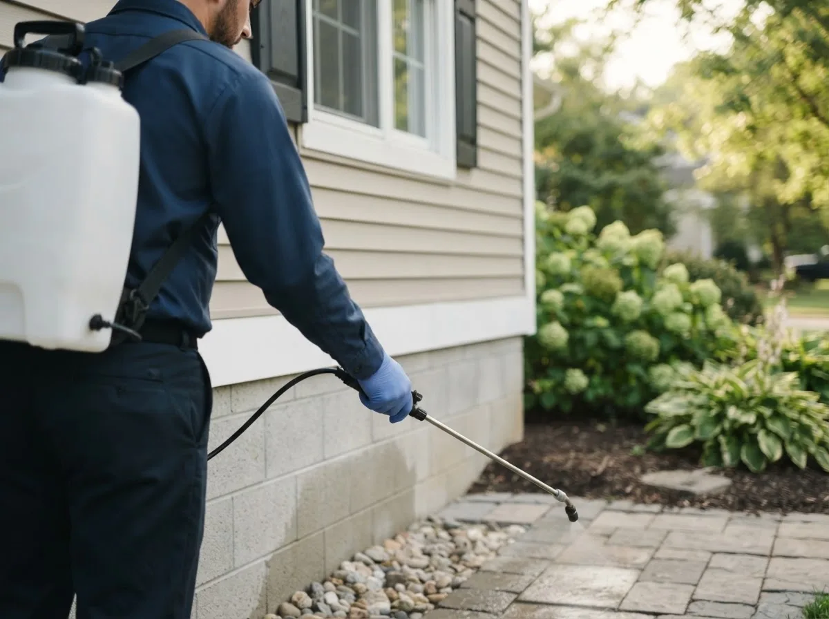 Pest control technician inspecting a home in Mont Belvieu, TX